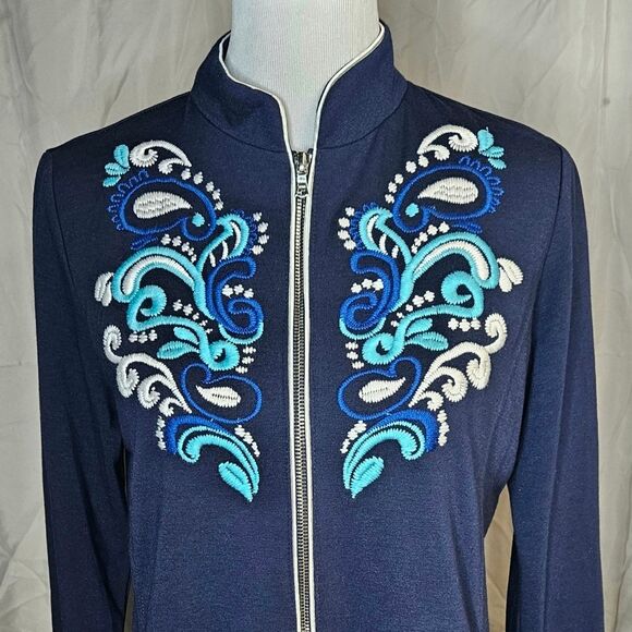 Boston Proper Sport Navy Blue Intricate Embroidery Long Sleeve Full Zip Jacket - Picture 3 of 12